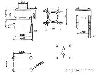 Touche contact 6 x 6mm hauteur 4.3mm